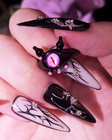 Dark Butterfly Press-On Nails, Black & White with Rhinestones and Gothic Hearts