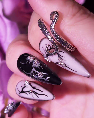 Dark Butterfly Press-On Nails, Black & White with Rhinestones and Gothic Hearts