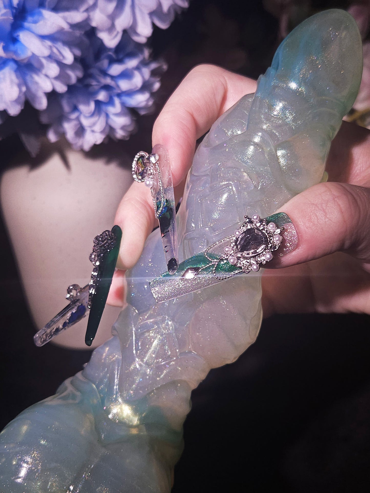 Emerald Serpent Press-On Nails, Handmade Green Chrome with Dripping Glitter & Crystals