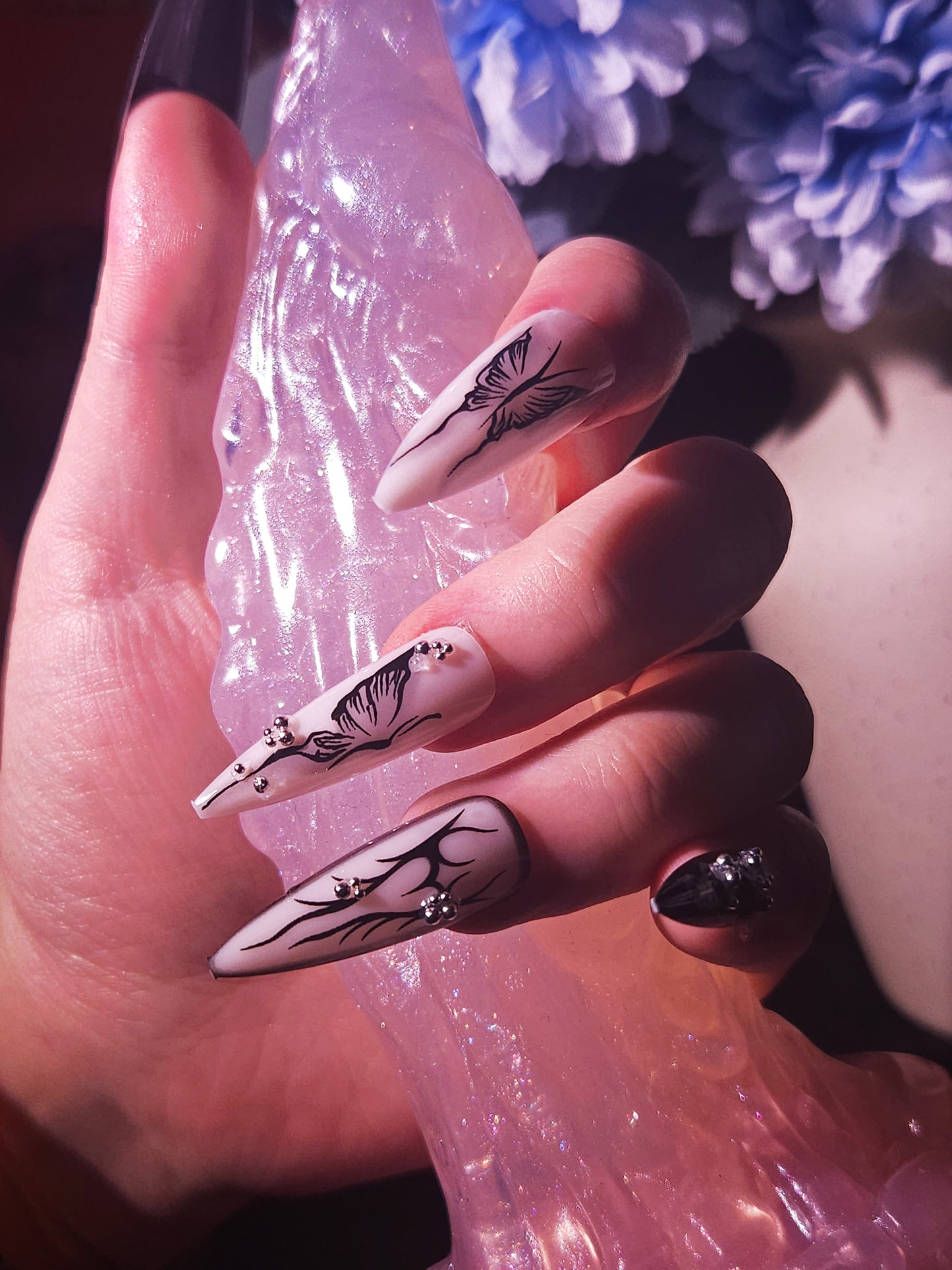 Dark Butterfly Press-On Nails, Black & White with Rhinestones and Gothic Hearts