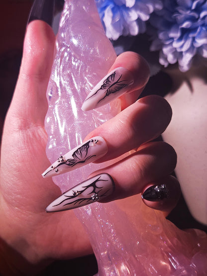 Dark Butterfly Press-On Nails, Black & White with Rhinestones and Gothic Hearts