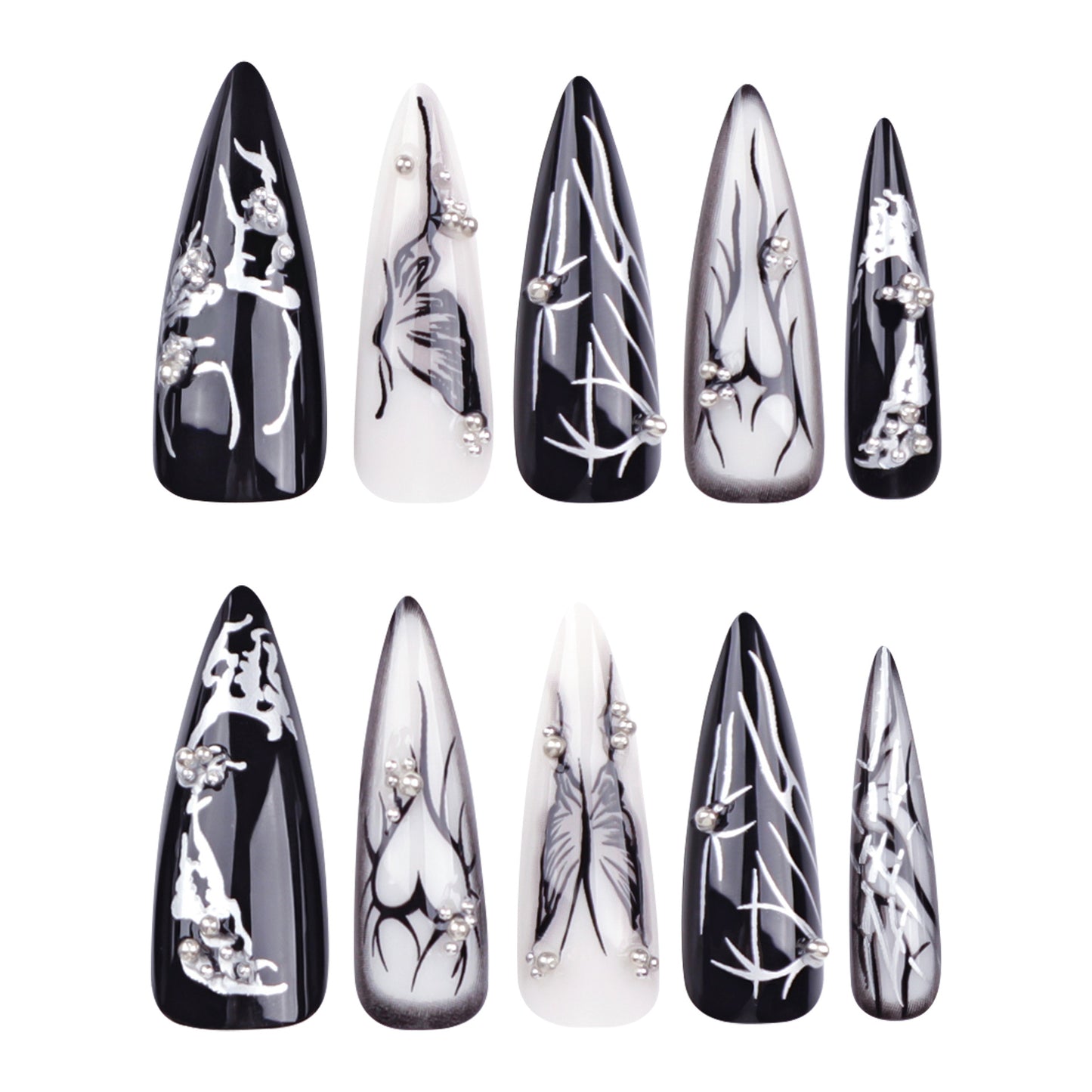 Dark Butterfly Press-On Nails, Black & White with Rhinestones and Gothic Hearts