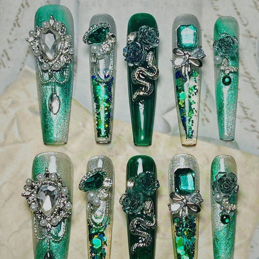 Emerald Serpent Press-On Nails, Handmade Green Chrome with Dripping Glitter & Crystals