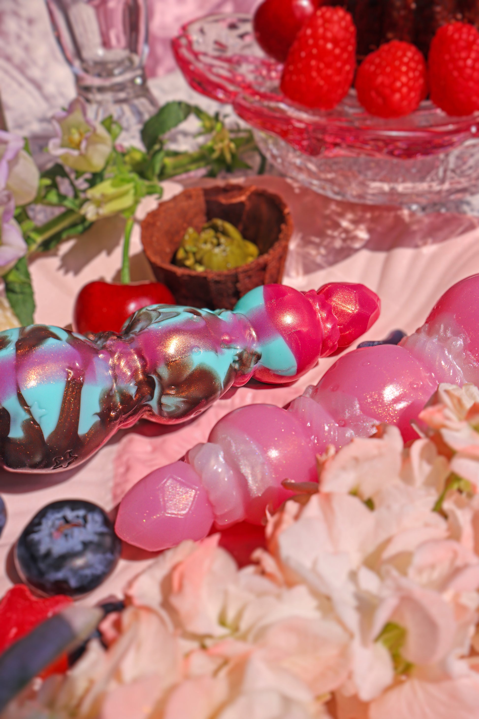 Master4Fancy Berryboo strawberry beads, dessert-inspired silicone toy, for vaginal and anal play, over view, fantasy dildo