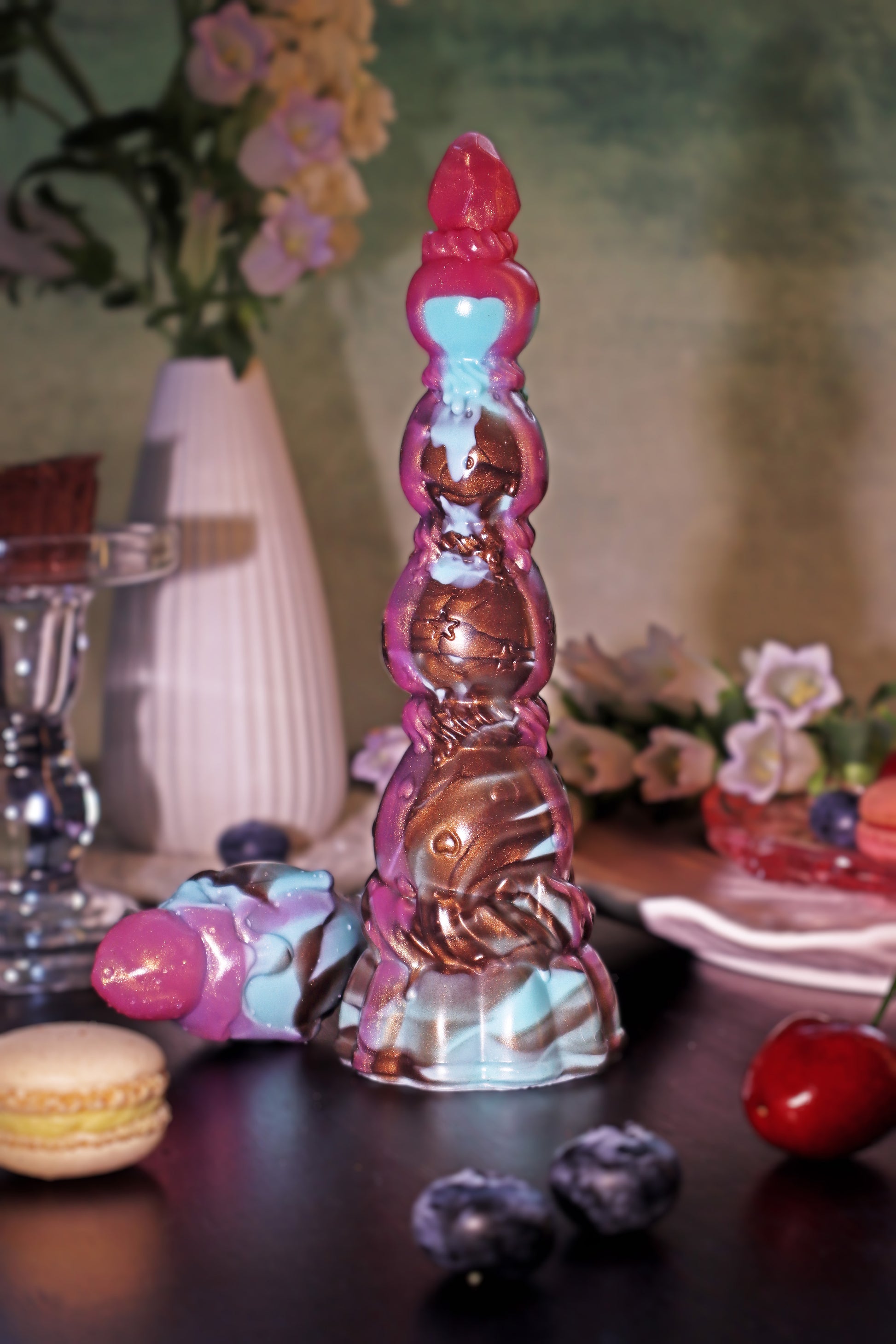 Master4Fancy Berryboo strawberry beads, dessert-inspired silicone toy in mint chocolate color, for vaginal and anal play,over view