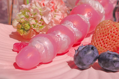 Master4Fancy Berryboo strawberry beads, dessert-inspired silicone toy in pink color, top detail, fantasy dildo