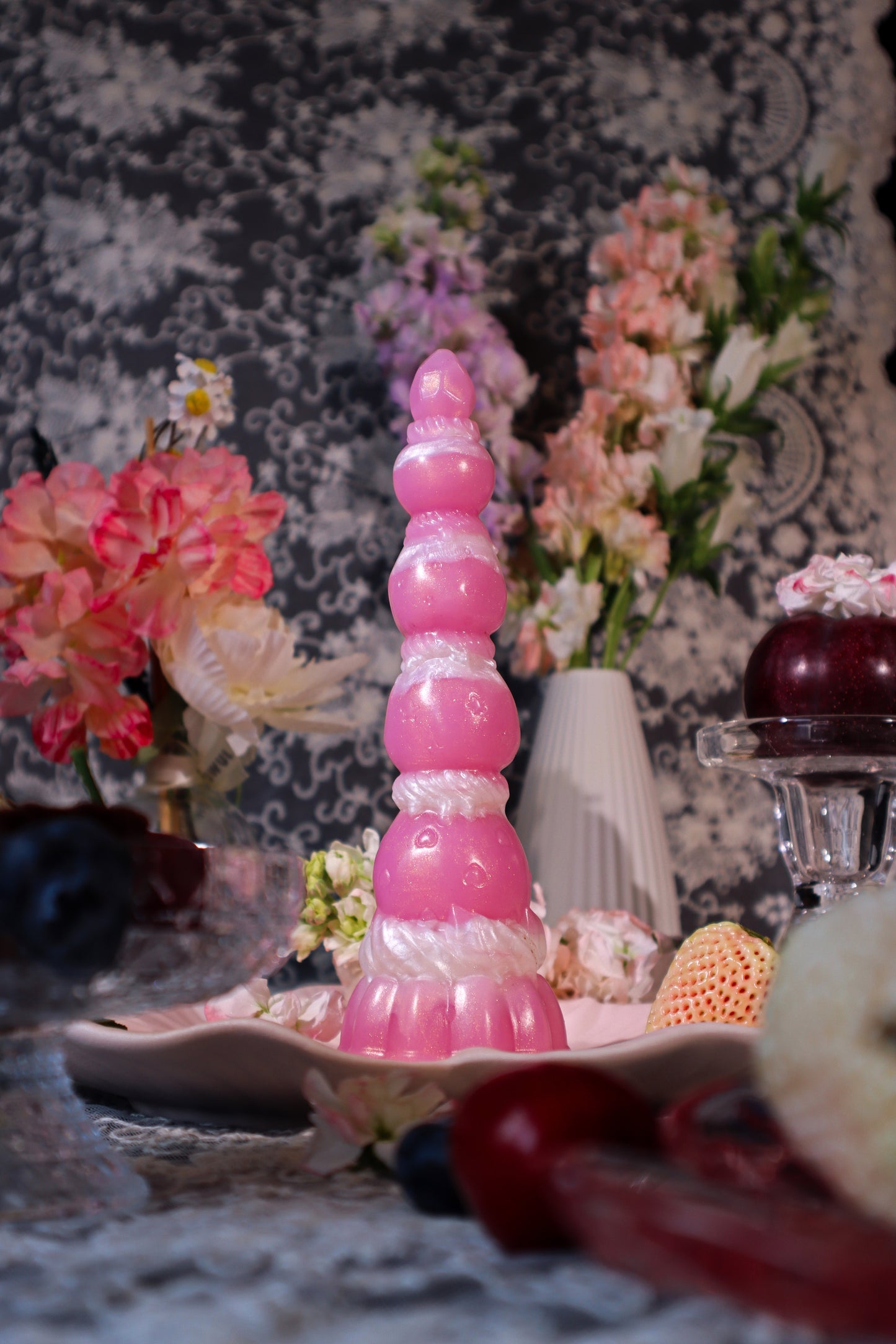 Master4Fancy Berryboo strawberry beads, dessert-inspired silicone toy in pink color, overall view,fantasy dildo
