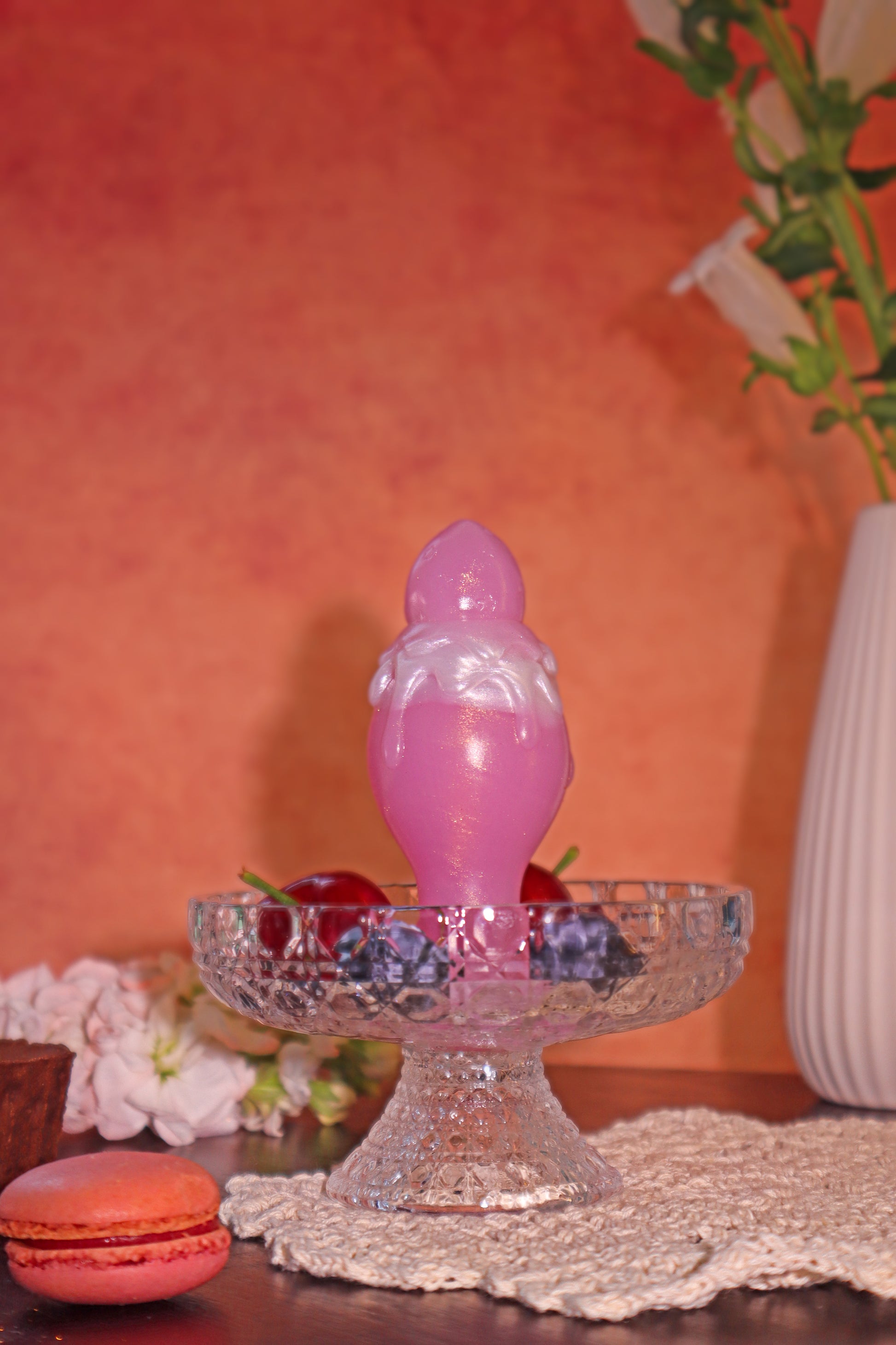 Master4Fancy Dunbi anal plug in soft pink color, front view, dessert-inspired beginner-friendly design,over view
